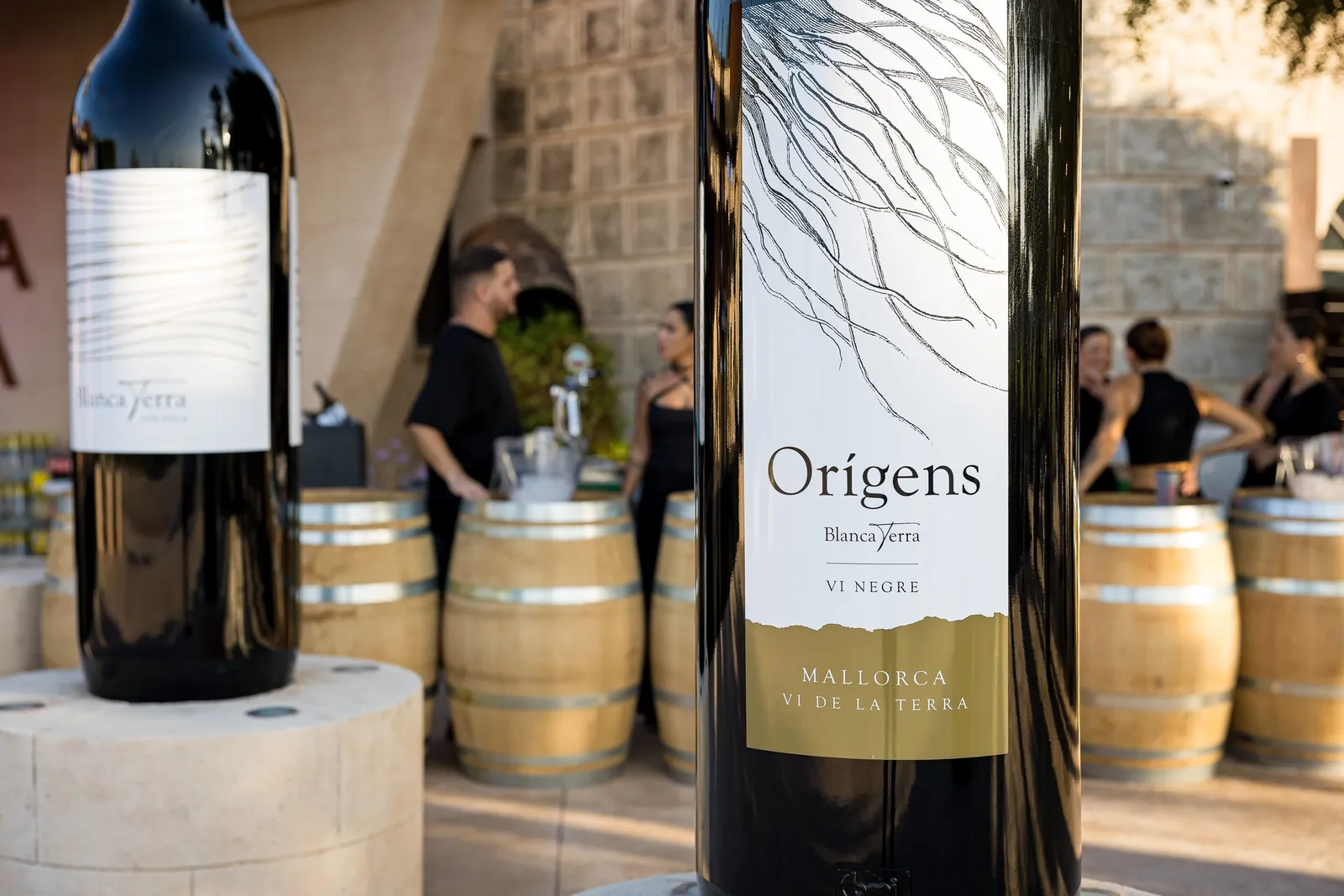Botellas de la línea Orígens de Blanca Terra sobre barricas de la bodega Botellas de la línea Orígens de Blanca Terra sobre barricas de la bodega