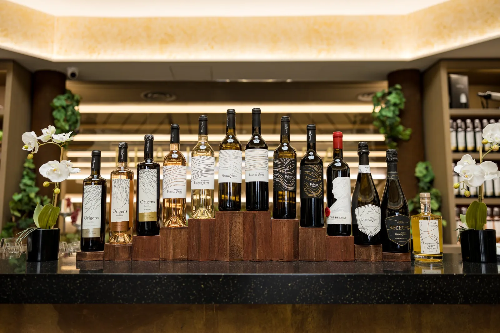 Expositor con los vinos de Blanca Terra en el restaurante Expositor con los vinos de Blanca Terra en el restaurante